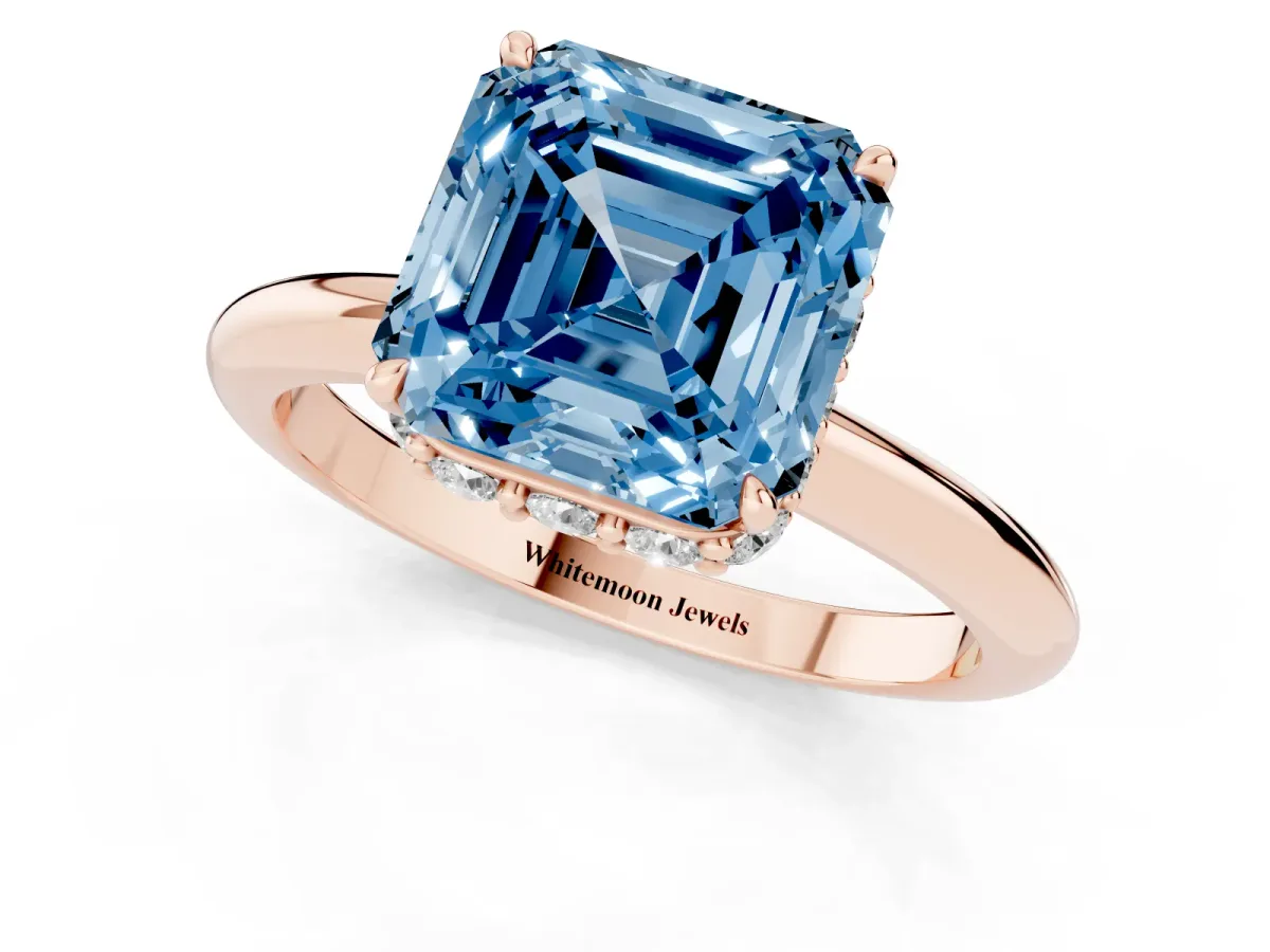 Fancy Blue Asscher Cut Brilliant Solitaire Engagement Ring with Six-Prong Setting and Classic Band Rose gold