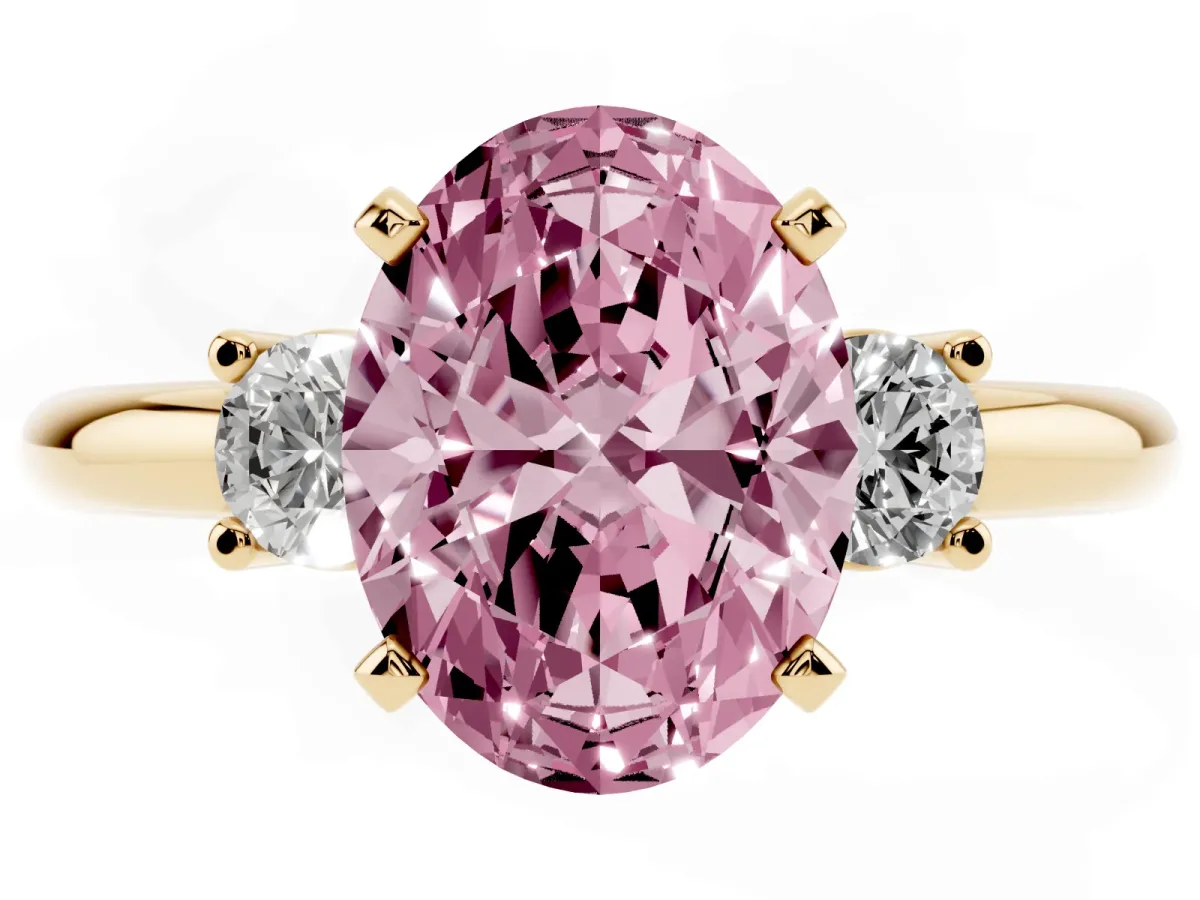 Fancy Pink Three-Stone Oval Cut Cut Diamond Solitaire with Prong Setting and Classic Band Yellow gold