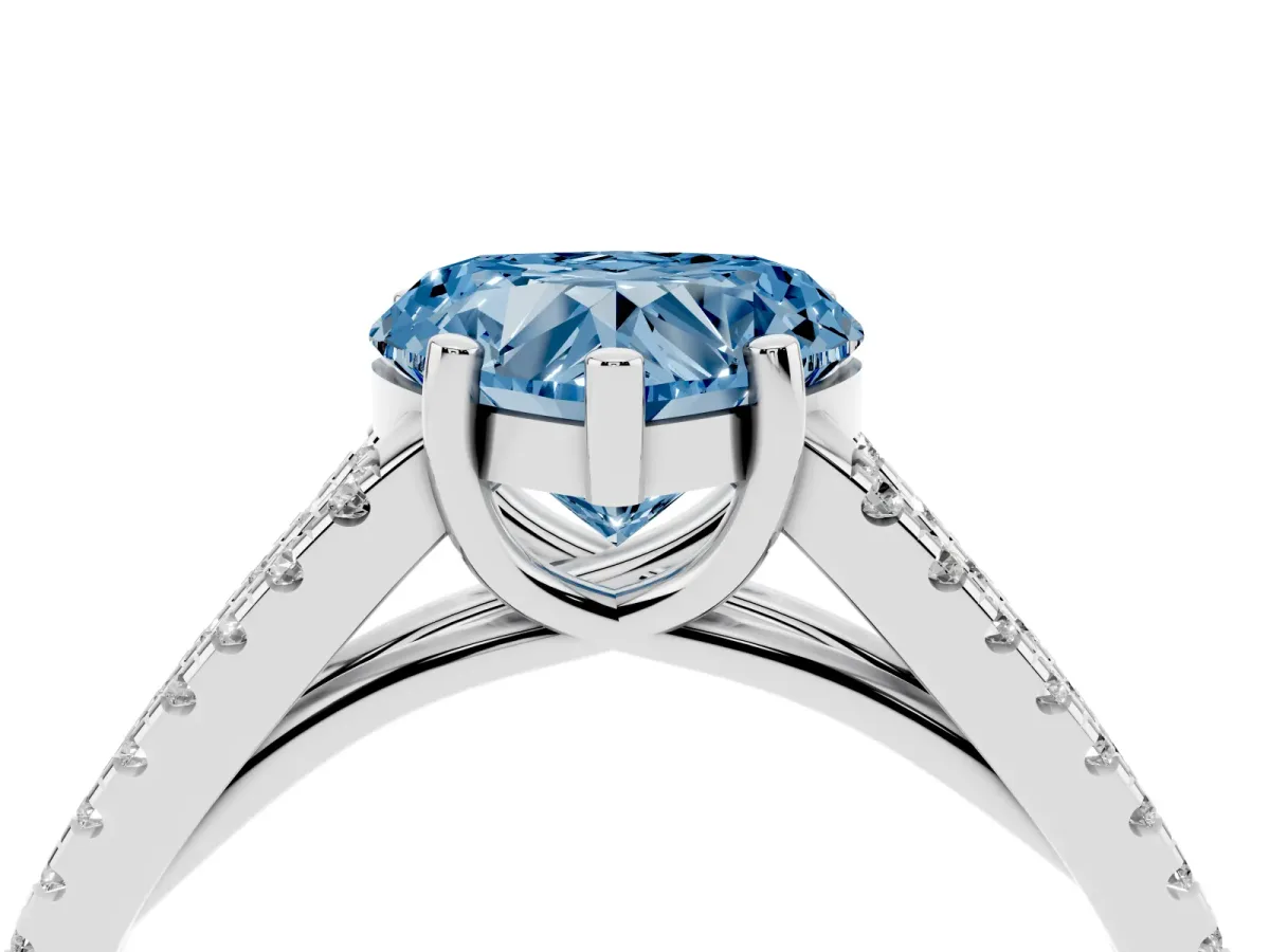 Fancy Blue Heart Cut Diamond Solitaire Engagement Ring with Split Shank Pavé Band Silver