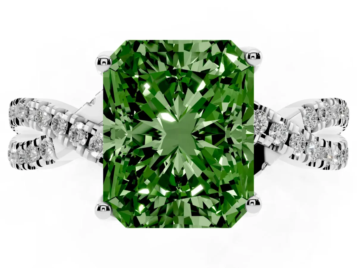 Fancy Green Radiant Cut Solitaire Twist Pave Diamond Engagement Ring with Prong Setting Silver