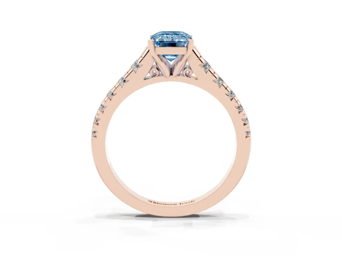 Fancy Blue Emerald Cut Diamond Cathedral Solitaire Ring with Round Pavé Band Rose gold