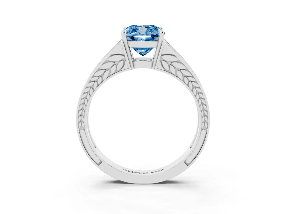 Fancy Blue Cushion Cut Diamond Split Shank Ring with Pavé Band and Four-Prong Setting White gold