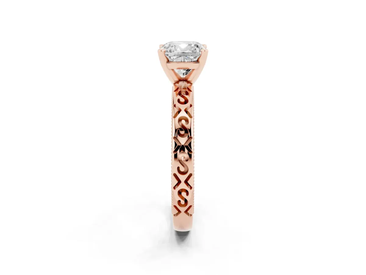 Cushion Cut Solitaire Engagement Ring with Scrollwork Band and Four-Prong Setting Rose gold