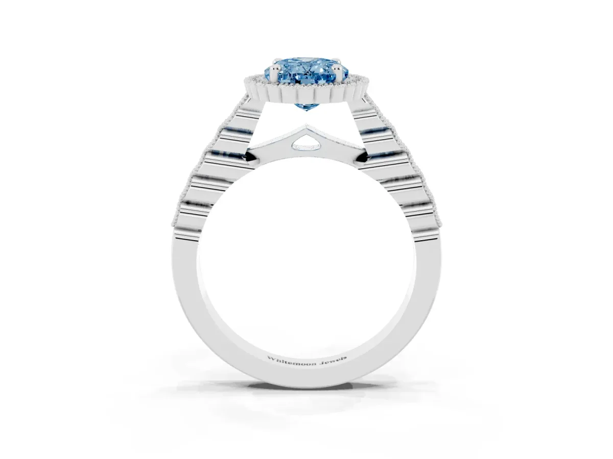 Fancy Blue Oval Cut Cut Halo Pavé Solitaire Ring with Milgrain Band Silver