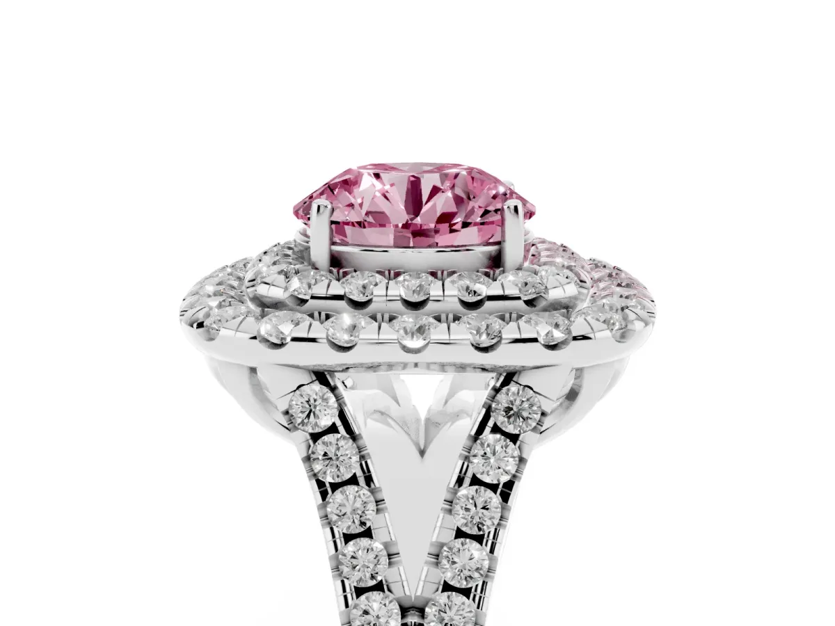Fancy Pink Double Halo Round Cut Diamond Pavé Split Shank Ring with Prong Setting Platinum