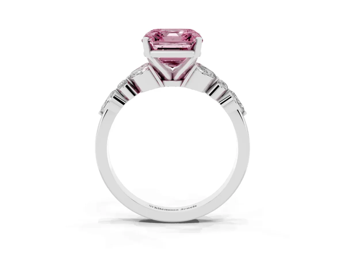 Fancy Pink Asscher Cut Diamond Solitaire Ring with Side Stones and Four-Prong Setting Silver