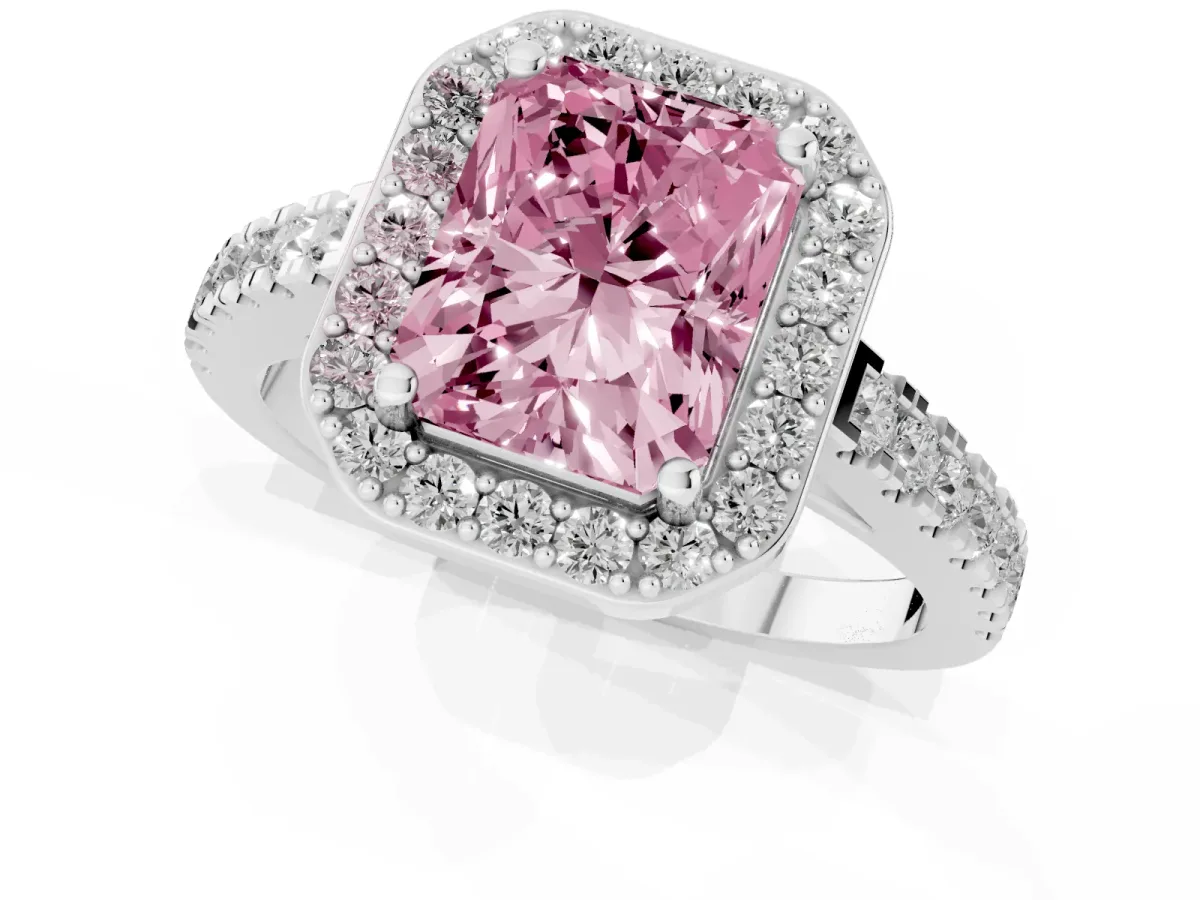 Fancy Pink Radiant Cut Diamond Halo Ring with Round Pavé Split Shank and Prong Setting Silver