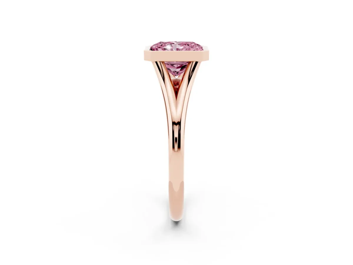 Fancy Pink Bezel Set Radiant Cut Cut Solitaire Ring with Tapered Band Rose gold