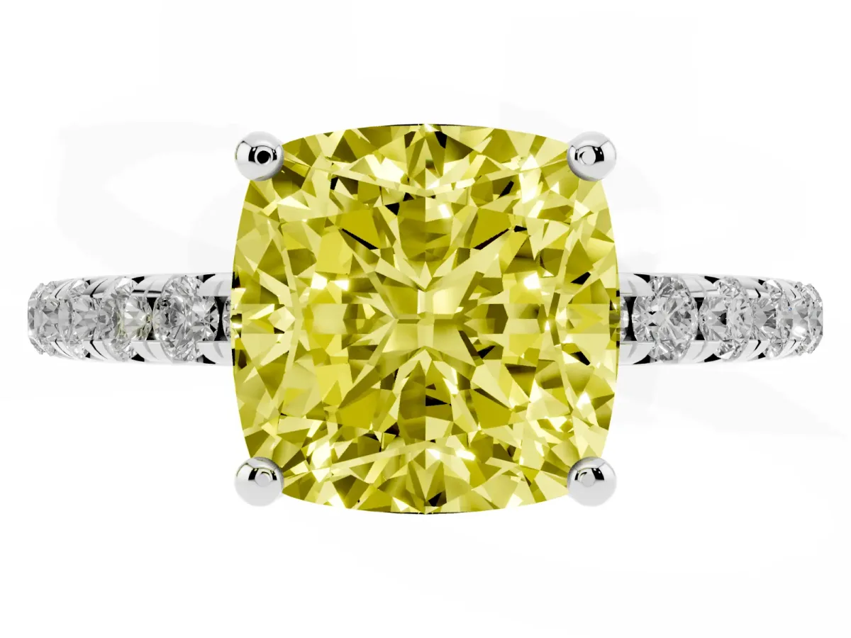 Fancy Yellow Cushion Cut Cut Diamond Solitaire Ring with Micro Pave Band and Four Prong Setting Silver
