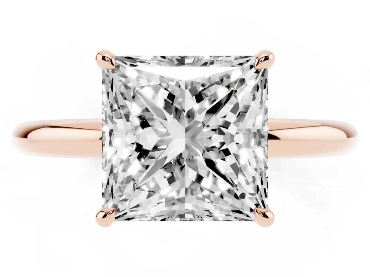 Princess Cut Diamond Solitaire Ring with Thin Band and Four-Prong Setting Rose gold