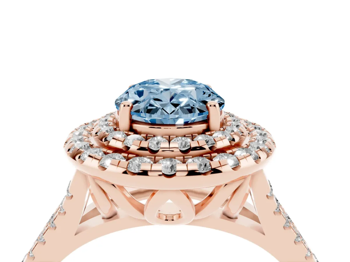 Fancy Blue Double Halo Oval Cut Diamond Pavé Split Shank Ring with Prong Setting Rose gold