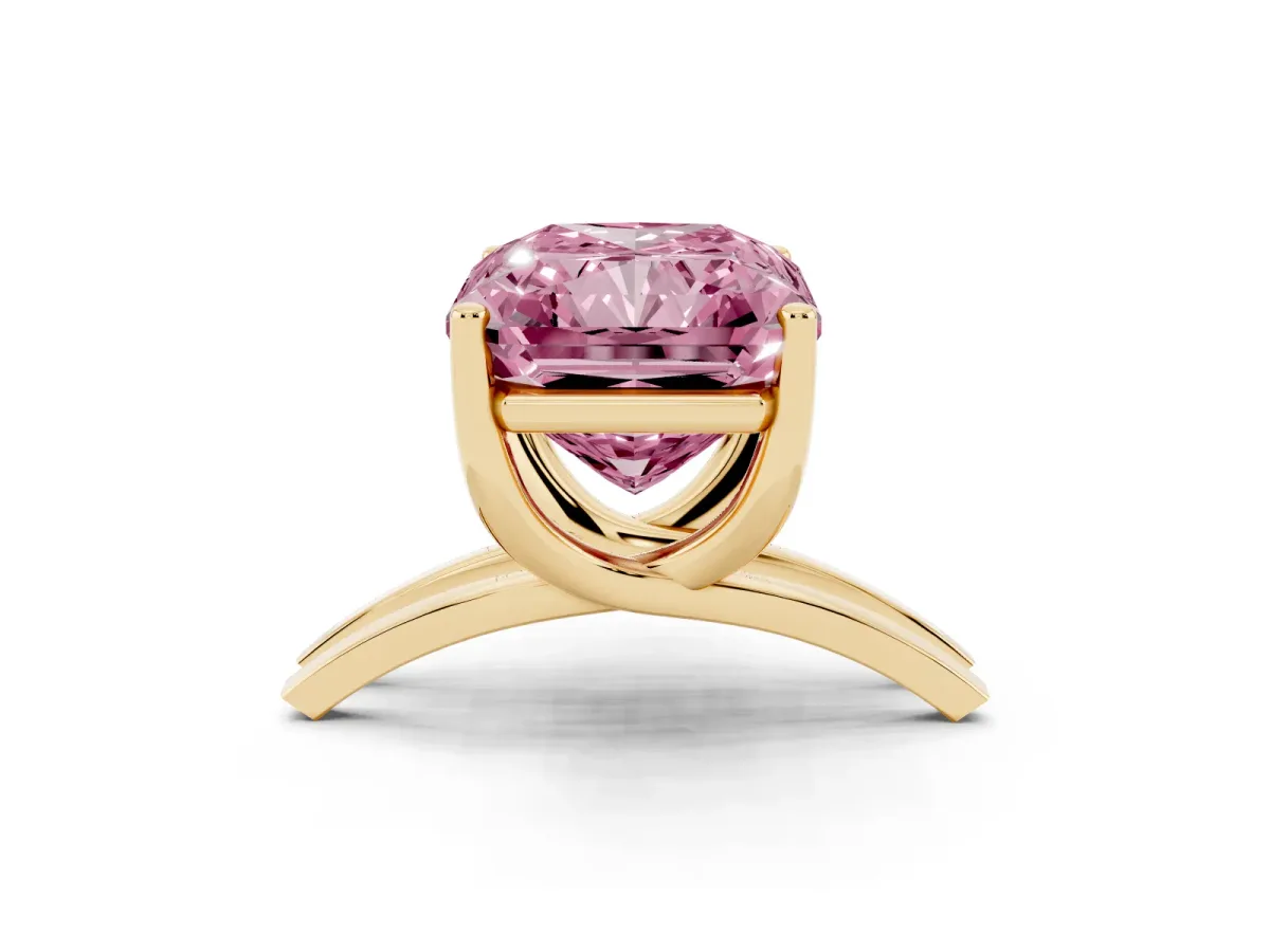 Fancy Pink Radiant Cut Cut Diamond Solitaire Engagement Ring with Tapered Plain Band and Four-Prong Setting Yellow gold
