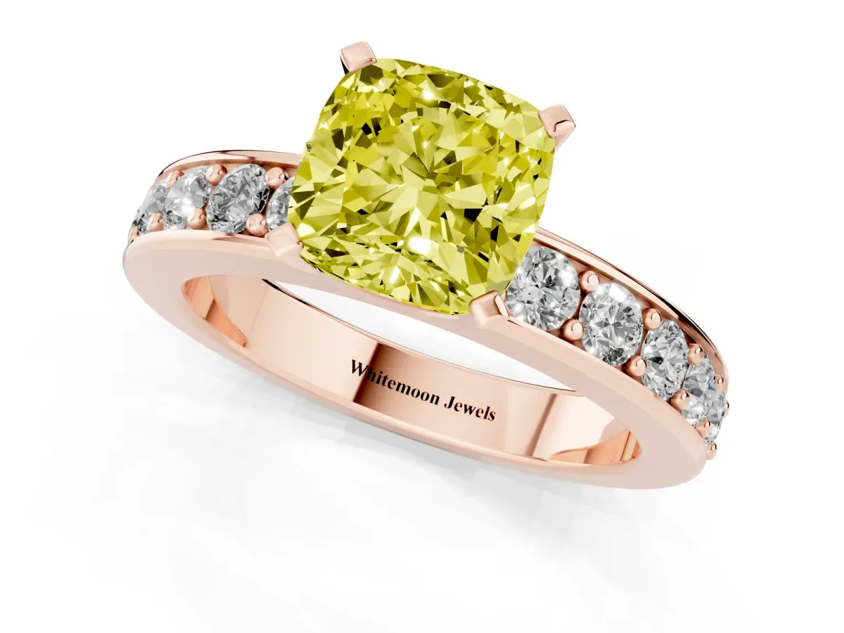 Fancy Yellow Cushion Cut Diamond Engagement Ring with Channel Set Round Band and Prong Setting Rose gold