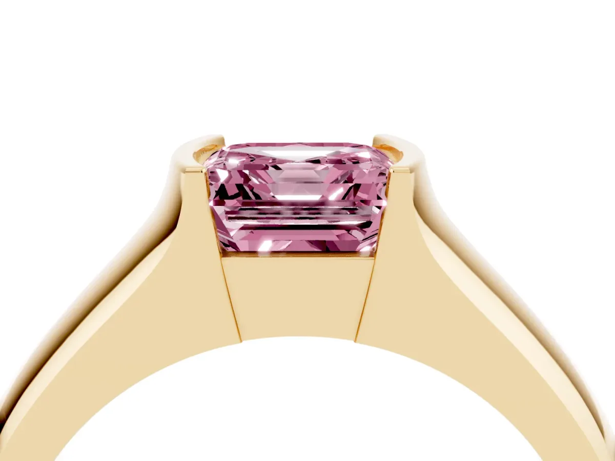 Fancy Pink Asscher Cut Solitaire Bezel Set Diamond Ring with Wide Band Yellow gold