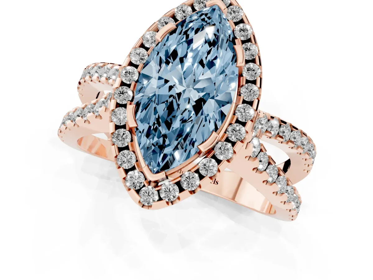 Fancy Blue Marquise Cut Diamond Halo Ring with Split Shank Pavé Band and Prong Setting Rose gold
