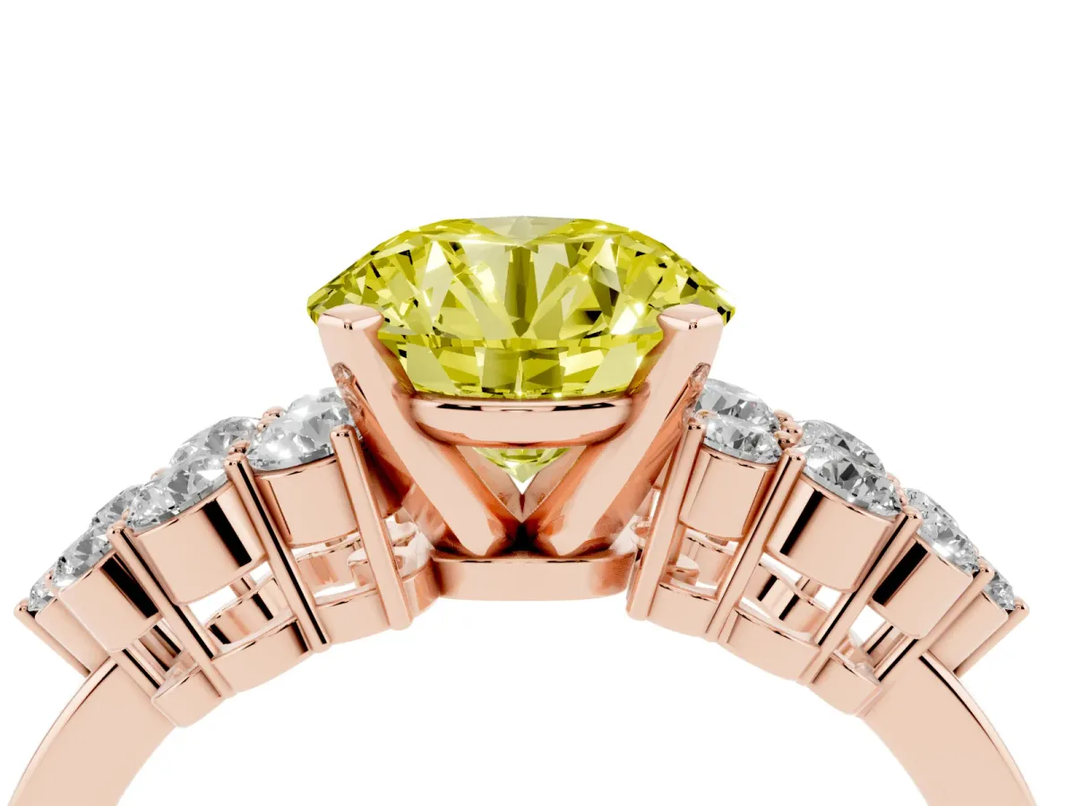 Fancy Yellow Round Cut Cluster Diamond Engagement Ring with Pavé Band and Four-Prong Setting Rose gold
