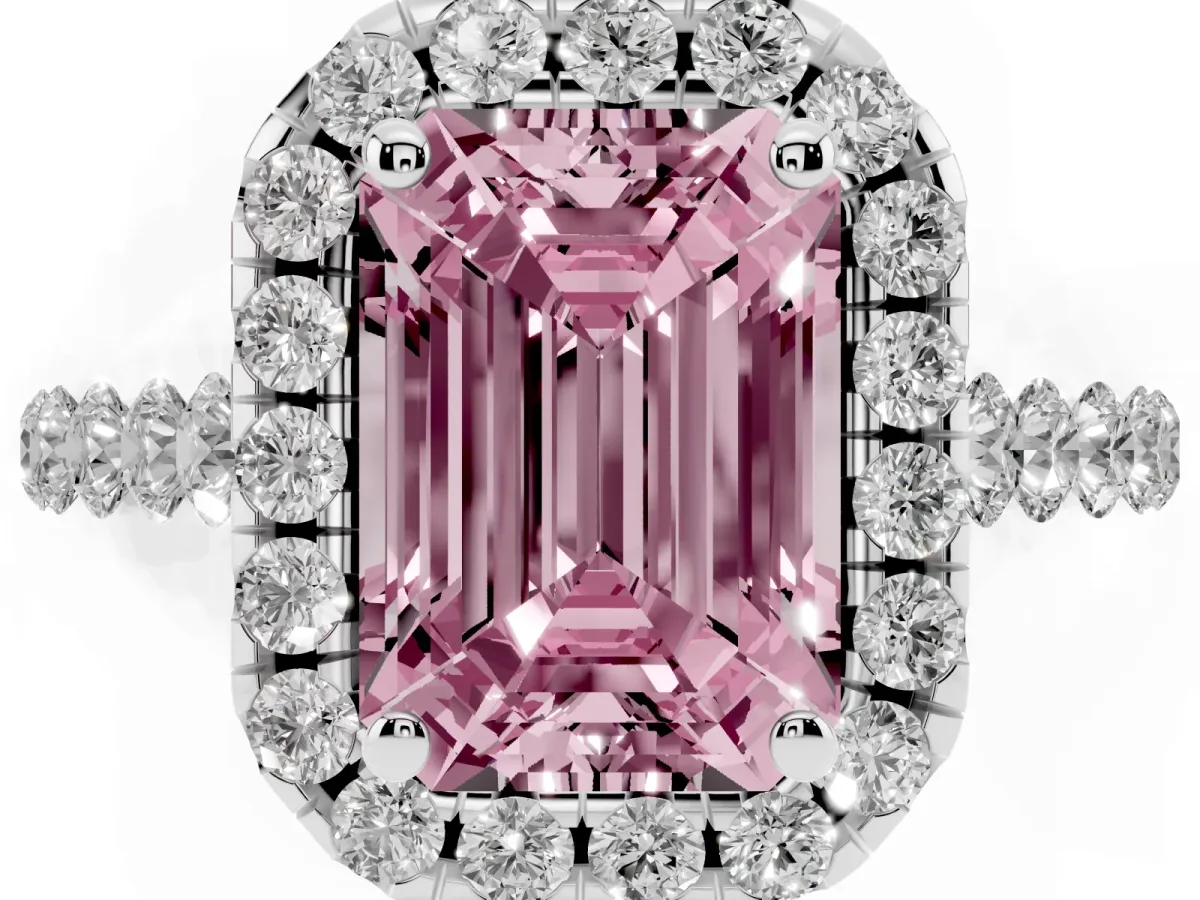 Fancy Pink Emerald Cut Halo Pavé Diamond Engagement Ring with Four-Prong Setting Silver