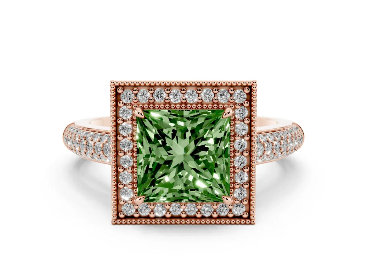Fancy Green Princess Cut Cut Halo Diamond Pave Band with Four-Prong Setting Rose gold