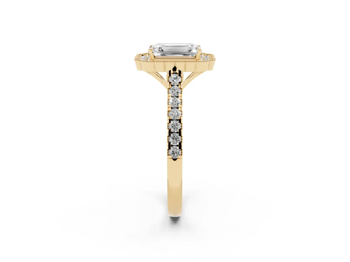 Emerald Cut Cut Diamond Milgrain Floral Halo Engagement Ring with Pavé Band Yellow gold