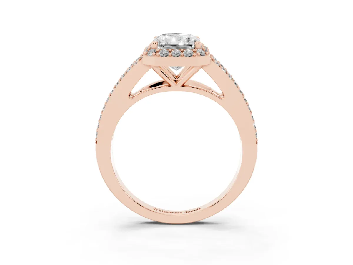 Radiant Cut Halo Split Shank Diamond Ring with Prong Setting Rose gold