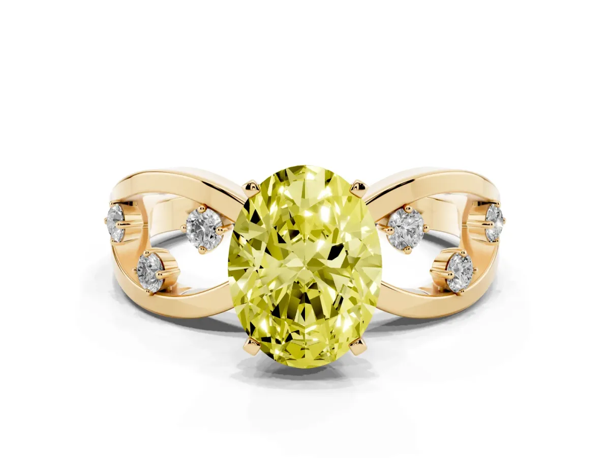 Fancy Yellow Oval Cut Cut Solitaire Diamond with Side Stones on Criss-Cross Band and Four-Prong Setting Yellow gold