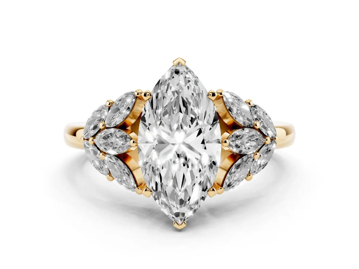 Marquise Cut Diamond Cluster Leaf Design Ring with Prong Setting Yellow gold