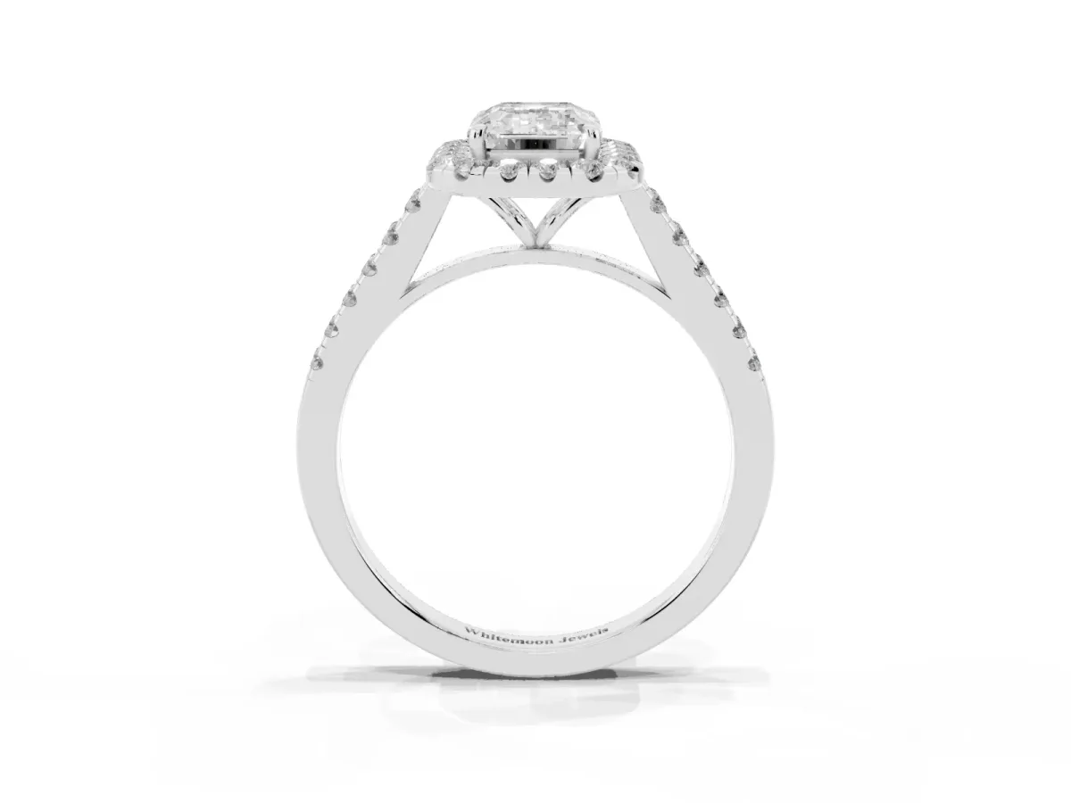 Emerald Cut Halo Pave Diamond Engagement Ring with Four-Prong Setting Platinum