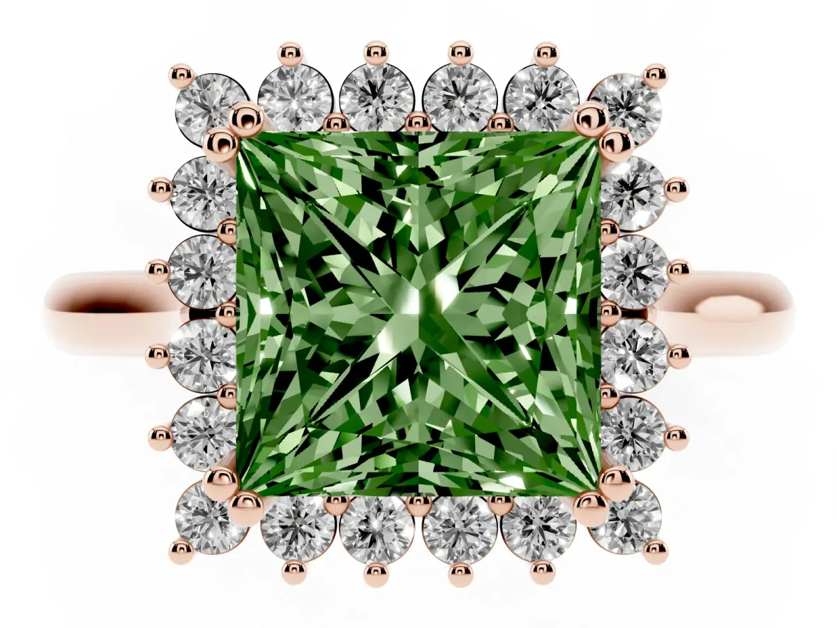 Fancy Green Princess Cut Cut Diamond Halo Ring with Solitaire Band and Prong Setting Rose gold