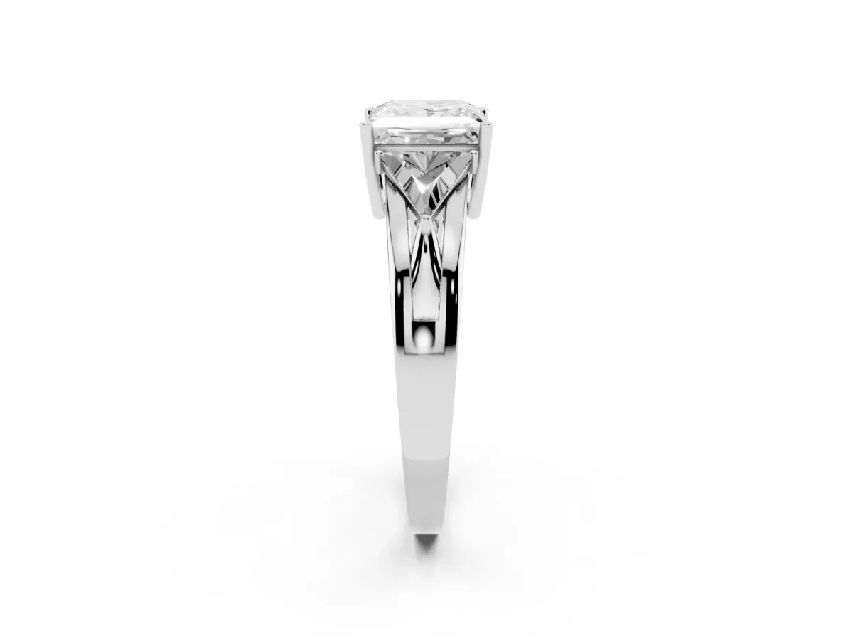 Three-Stone Princess Cut Cut Diamond Ring with Trillion Side Stones on a Split Shank Band Silver