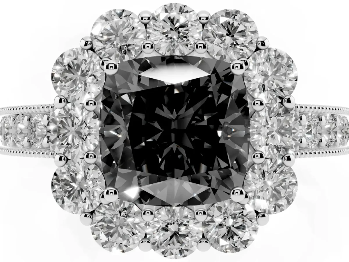 Fancy Black Cushion Cut Cut Halo Diamond Pavé Engagement Ring with Milgrain Detailing Platinum
