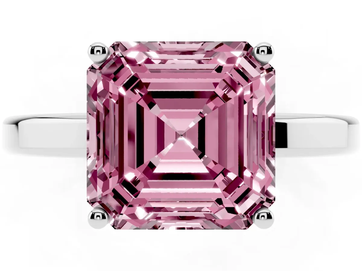 Fancy Pink Asscher Cut Cut Solitaire Engagement Ring with Four-Prong Setting on a Classic Band Silver
