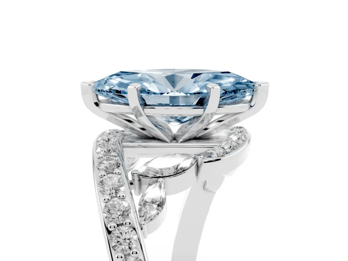 Fancy Blue Marquise Cut Solitaire with Pavé Twist Band and Four-Prong Setting Platinum