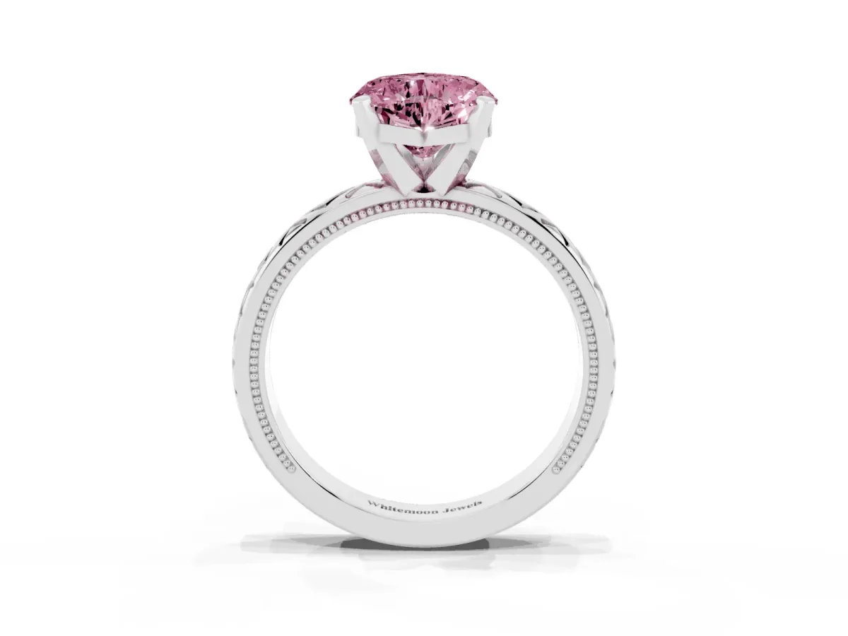 Fancy Pink Heart Cut Solitaire Diamond Ring with Milgrain and Black Enamel X Pattern Band Silver