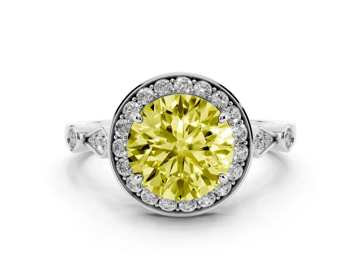 Fancy Yellow Round Cut Halo Diamond Engagement Ring with Twisted Band and Four-Prong Setting Platinum