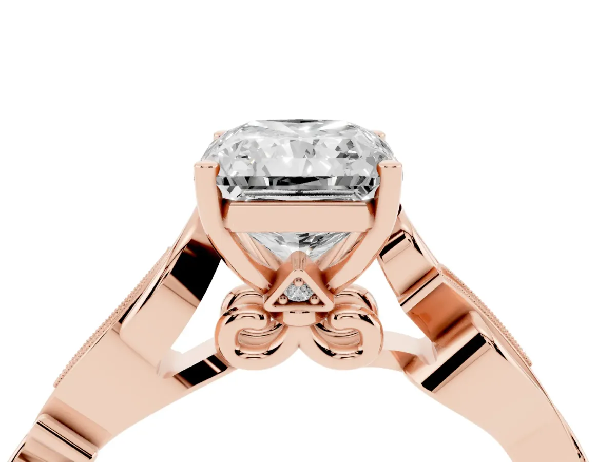 Radiant Cut Solitaire Vine Band with Milgrain Prong Setting Rose gold