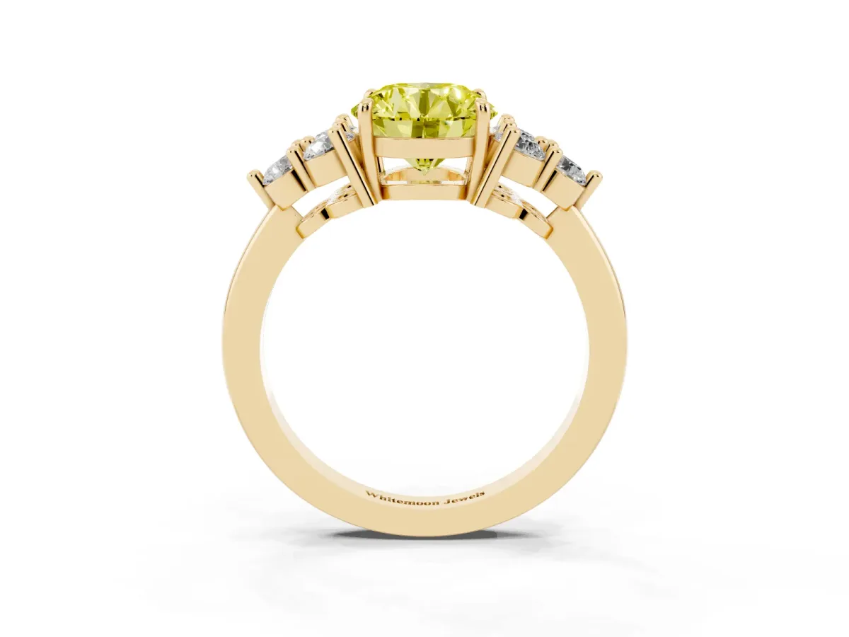 Fancy Yellow Round Cut Brilliant Diamond Cluster Accent Solitaire Ring with Prong Setting Yellow gold