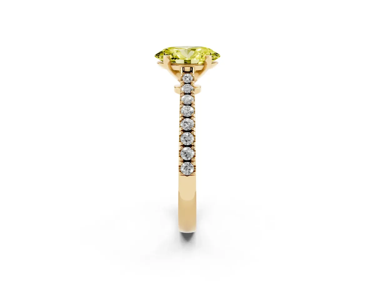 Fancy Yellow Oval Cut Cut Solitaire Diamond Engagement Ring with Pave Band and Four-Prong Setting Yellow gold
