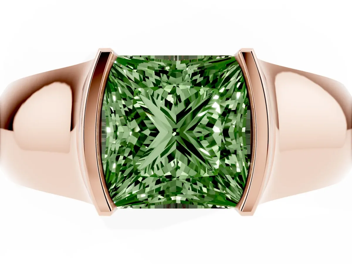 Fancy Green Princess Cut Solitaire Bezel Set Diamond Ring with Wide Band Rose gold