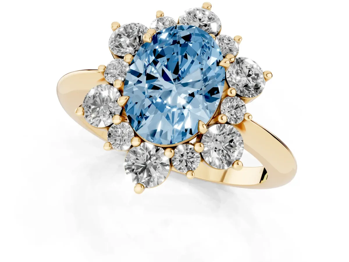 Fancy Blue Oval Cut Diamond Cluster Halo Ring with Solitaire Band and Four-Prong Setting Yellow gold