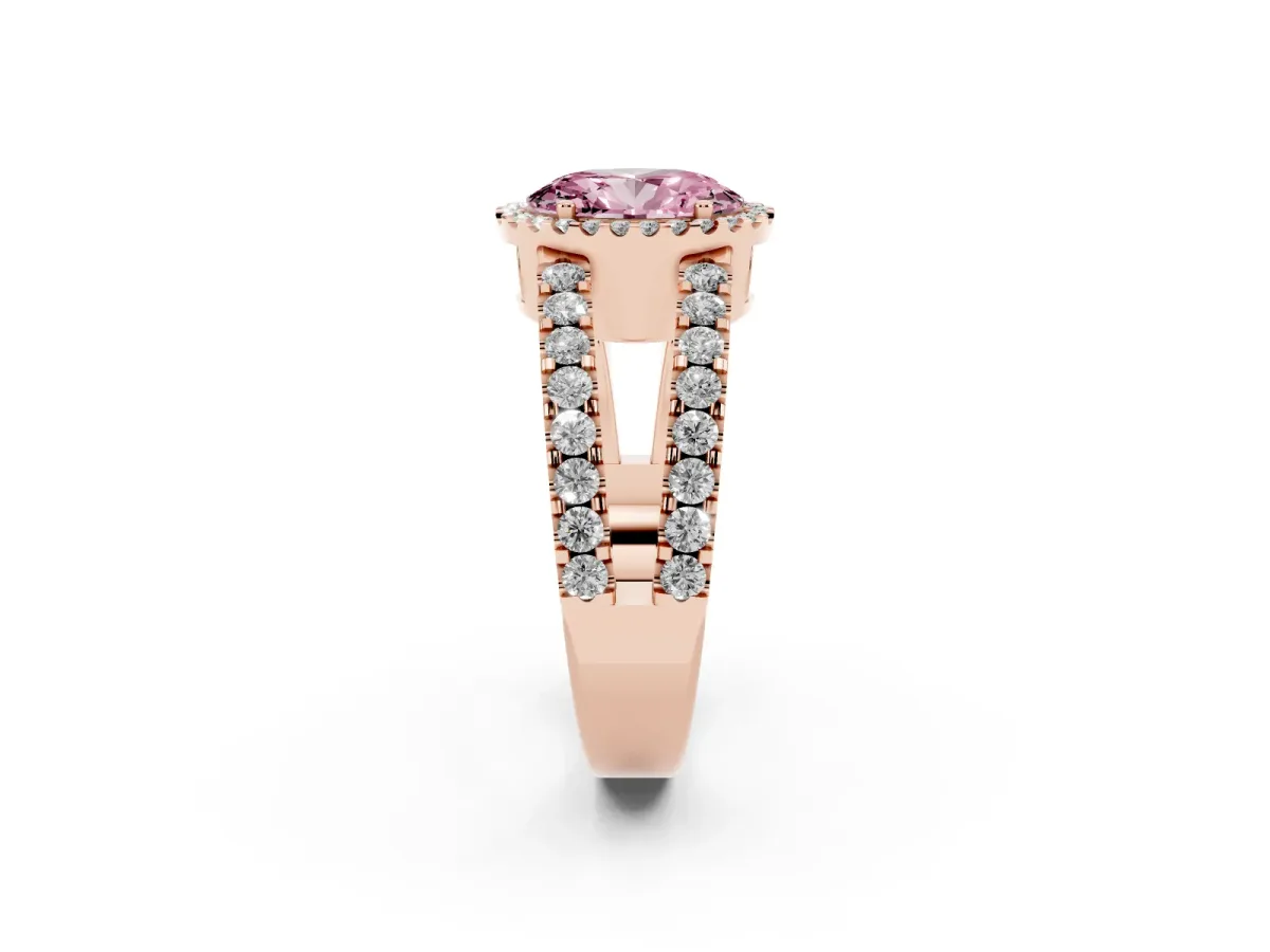 Fancy Pink Oval Cut Cut Halo Split Shank Diamond Ring with Four-Prong Setting Rose gold