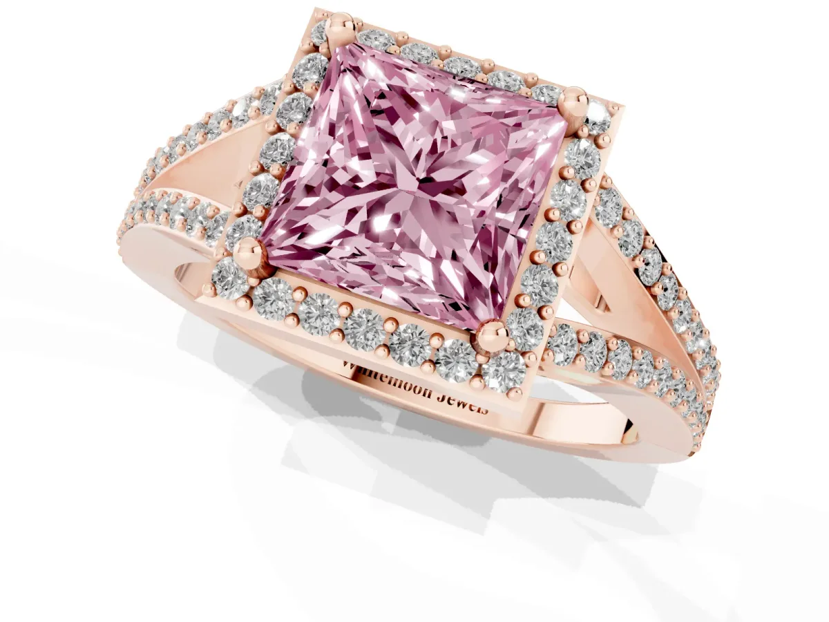 Fancy Pink Princess Cut Halo Split Shank Diamond Ring with Prong Setting Rose gold