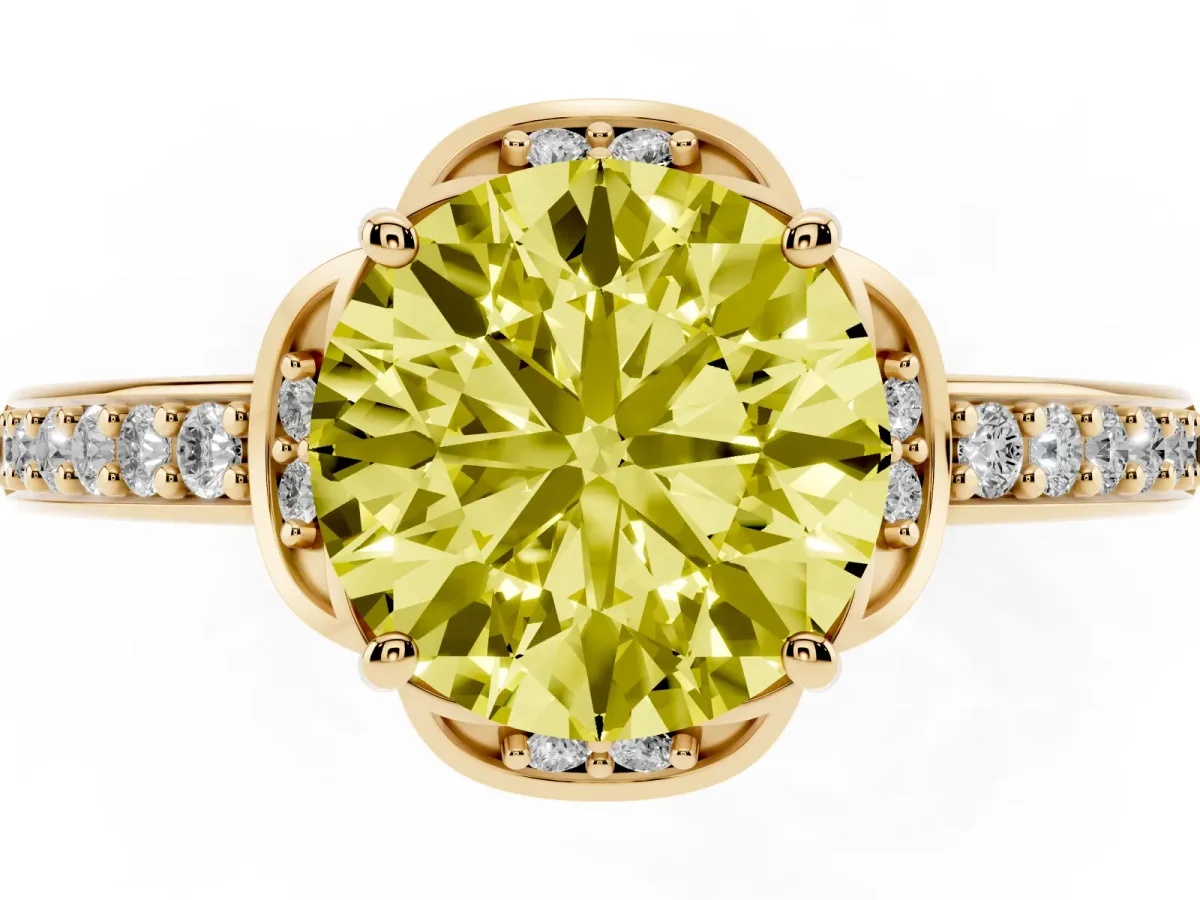 Fancy Yellow Round Cut Cut Halo Diamond Ring with Channel Set Band and Four-Prong Setting Yellow gold