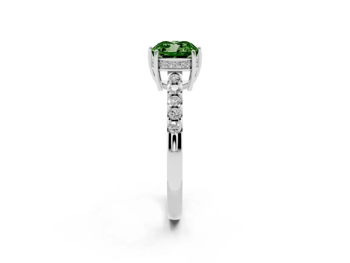Fancy Green Cushion Cut Solitaire Diamond Engagement Ring with Pavé Band and Six-Prong Setting Silver