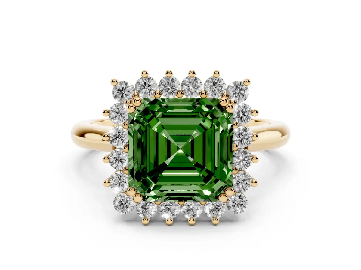 Fancy Green Asscher Cut Cut Diamond Halo Ring with Solitaire Band and Prong Setting Yellow gold