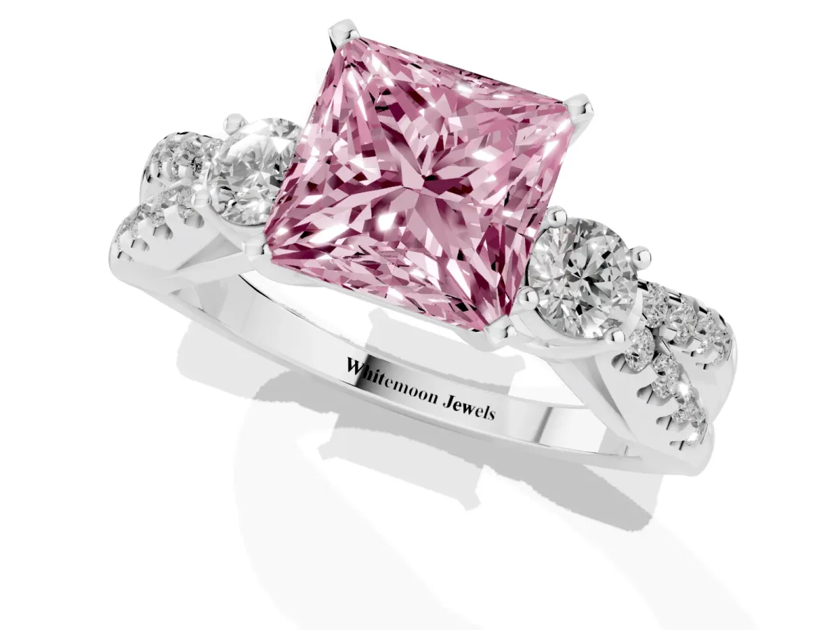 Fancy Pink Princess Cut Diamond Three-Stone Ring with Pavé Split Shank and Four-Prong Setting Silver