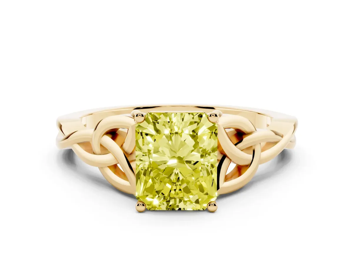 Fancy Yellow Radiant Cut Diamond Solitaire Engagement Ring with Celtic Knot Band and Four-Prong Setting Yellow gold