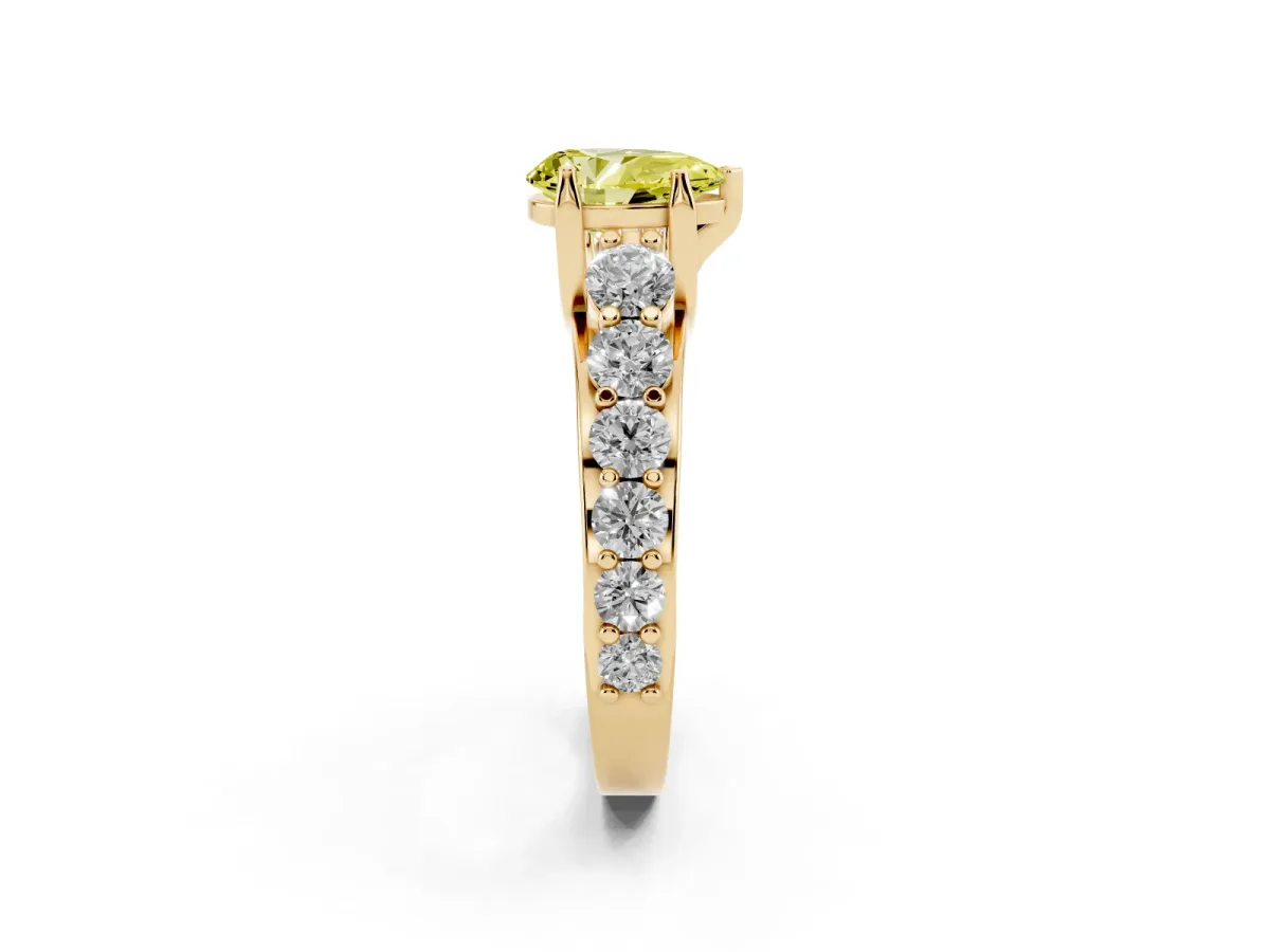 Fancy Yellow Pear Cut Diamond Engagement Ring with Pavé Band and Four-Prong Setting Yellow gold