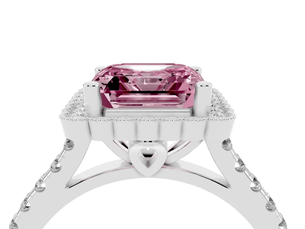 Fancy Pink Asscher Cut Cut Diamond Milgrain Floral Halo Engagement Ring with Pavé Band Silver