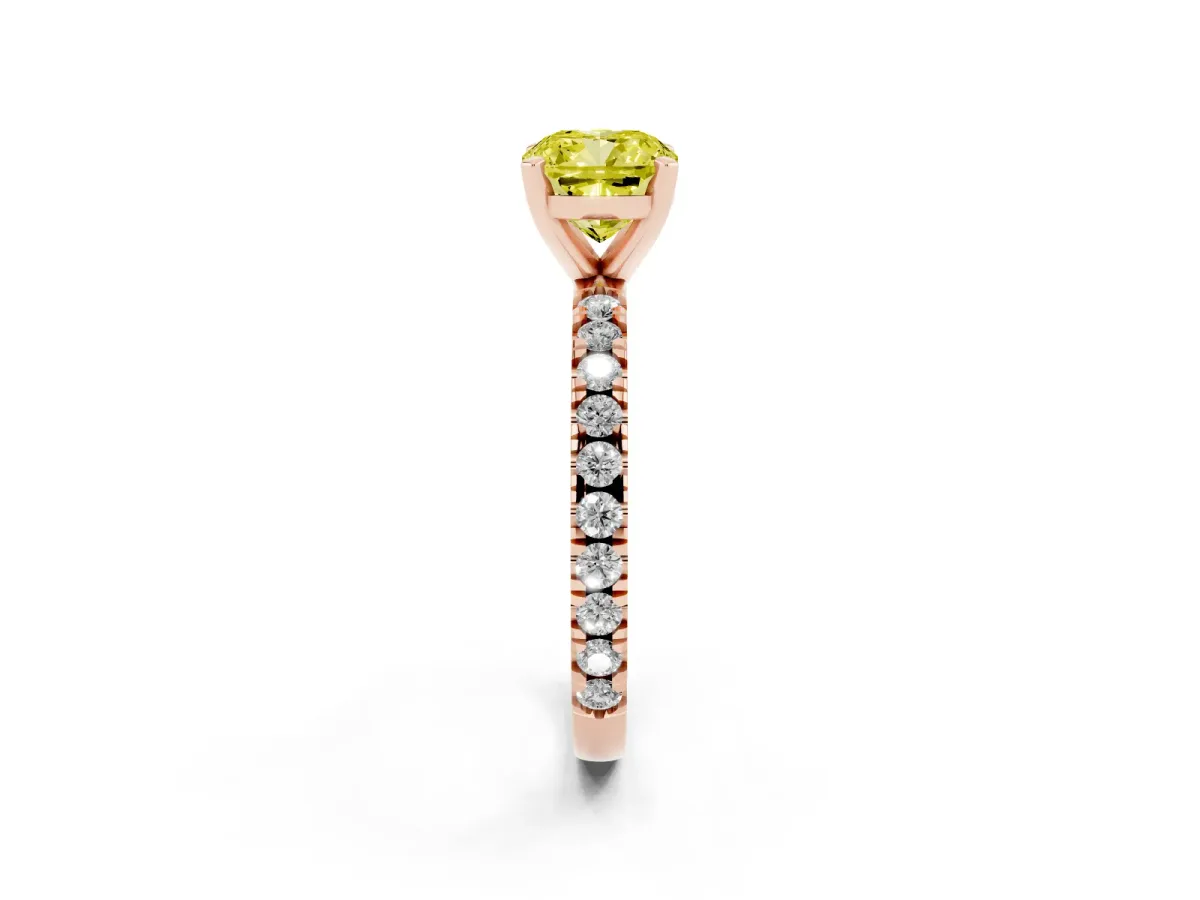 Fancy Yellow Cushion Cut Diamond Pavé Band Solitaire with Four-Prong Setting Rose gold