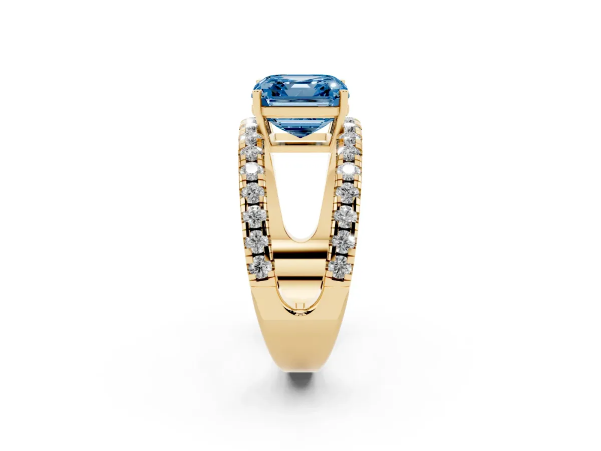 Fancy Blue Asscher Cut Solitaire Split Shank Pave Diamond Ring Yellow gold